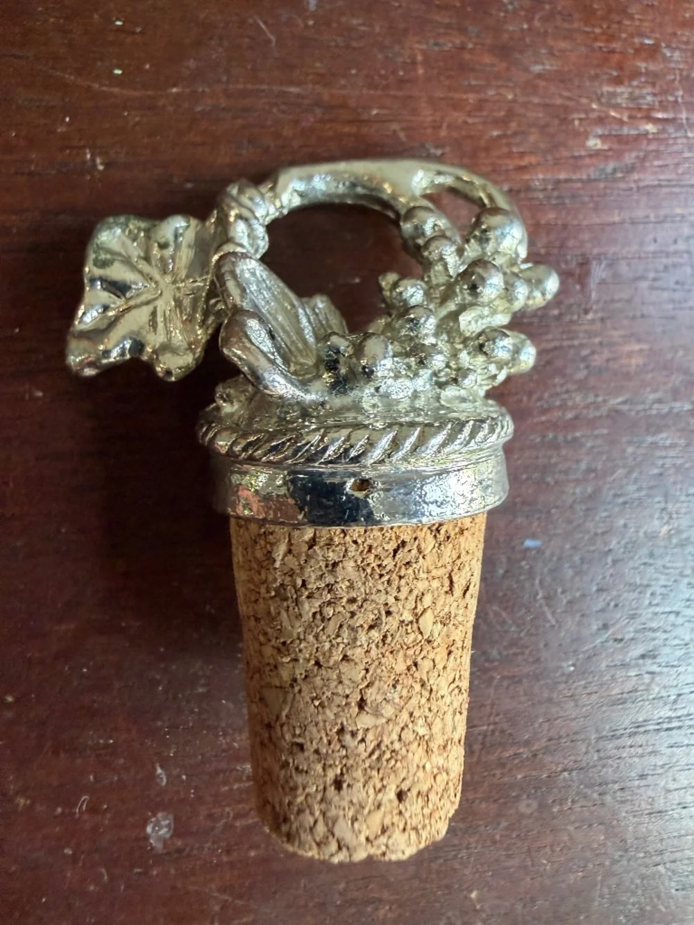 Vintage wine bottle stopper with pewter grape cluster and grapevine